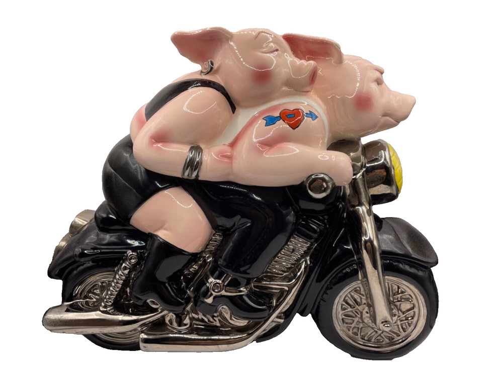 Vintage Hand Painted Biker Hogs Cookie Jar Ceramic Pigs on Motorcycle Clay Art